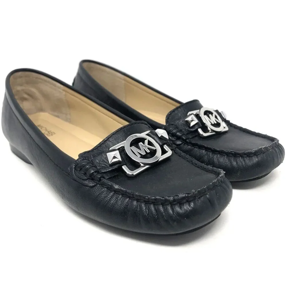 Michael Kors Lillian Loafer Womens Size 6 Black Leather Signature Silver MK Moc